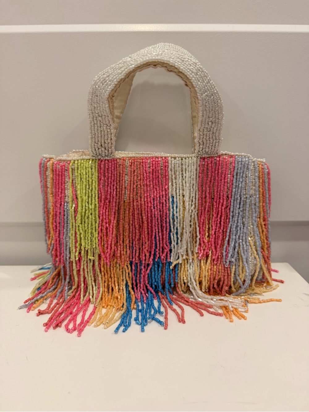 Multicolor Beaded Fringe Tote with White Beaded Handles